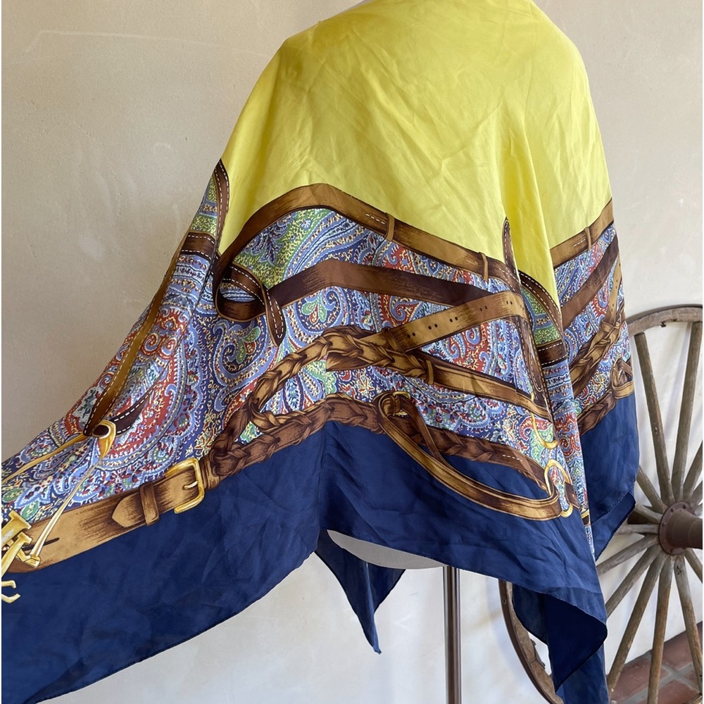 RALPH LAUREN Equestrian English Riding Theme Yellow Blue 100% Silk Poncho Scarf - Picture 8 of 11